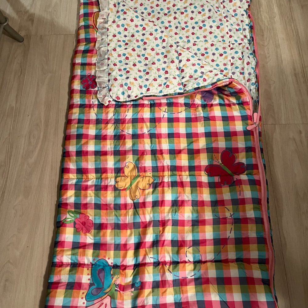 Girl's sleeping bag, plaid w/butterflies, reversible to floral side - LIKE NEW!